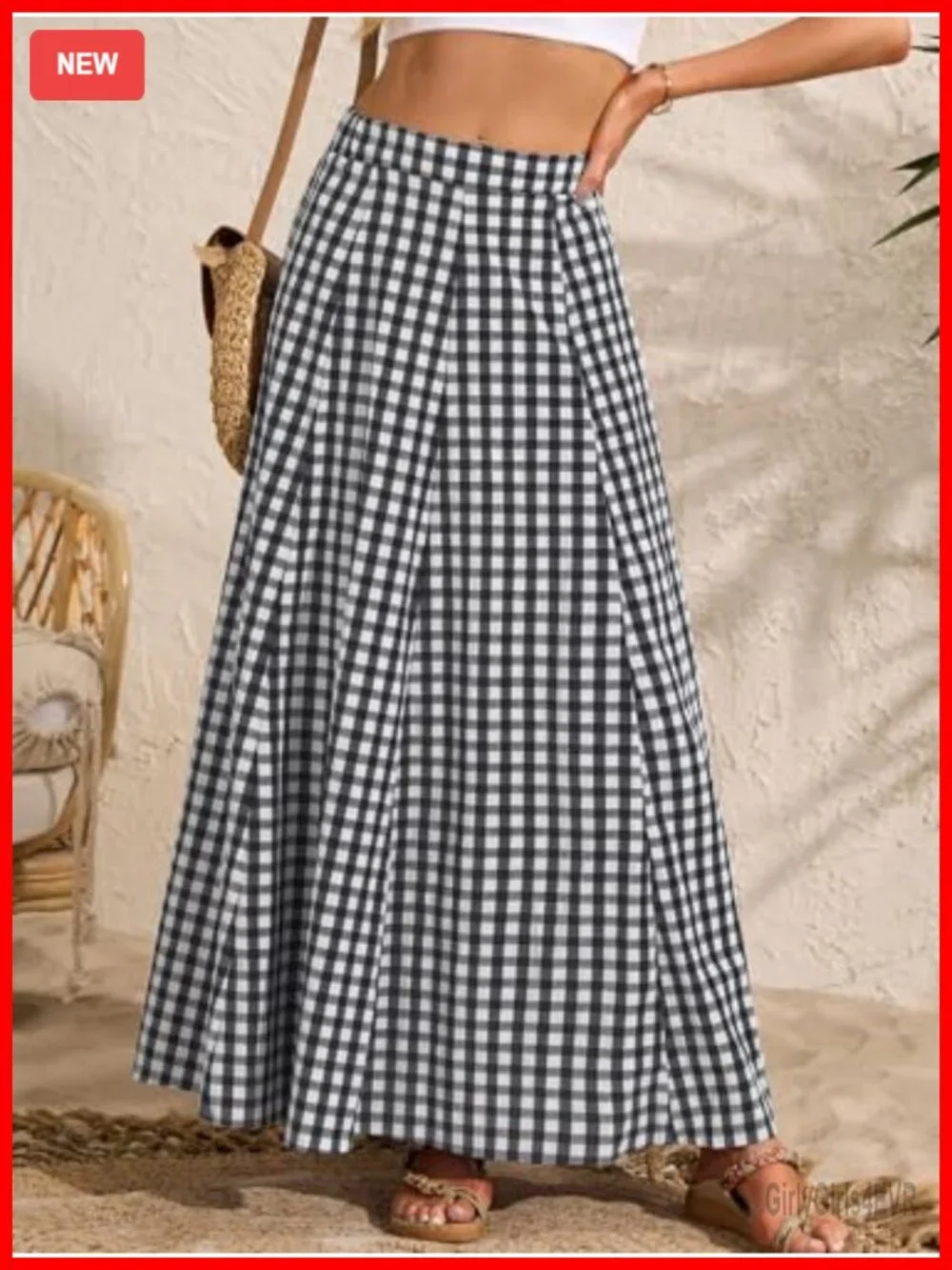 Womens Plaid Gingham Maxi Skirt with Pockets High Waist A Line Flared Long